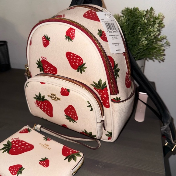 Coach Strawberry Print Cream Backpack and Pouch Set - Picture 5 of 15